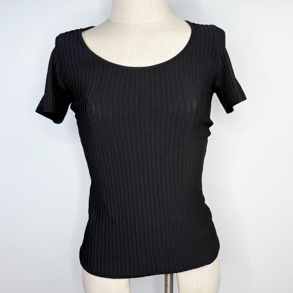 White House Black Market WHBM Short Sleeved Black Ribbed Sweater Scoop Neck XS